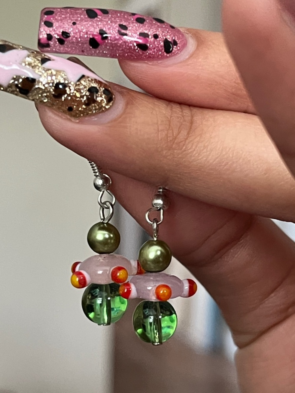 Handmade Green and Pink Beaded Drop Earrings